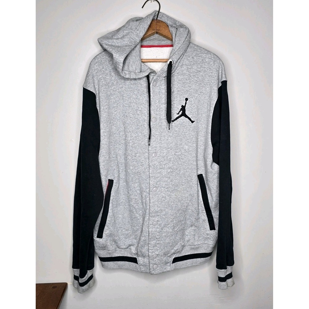 Air Jordan Varsity Jacket Mens Large Black Gray Snap Letterman Hoodie Jump Man